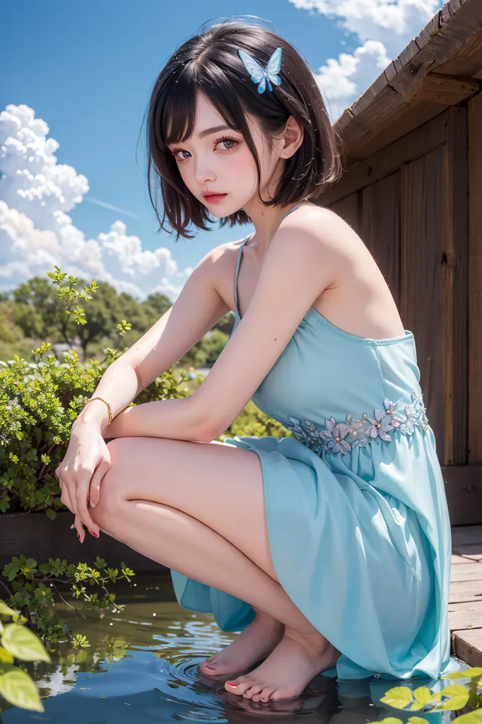 The image shows a young woman with short black hair and blue eyes. She is wearing a light blue dress with a white sash and has a blue butterfly in her hair. She is sitting on a wooden railing with her feet in a pond. There are some plants and trees in the background and the sky is blue with some clouds.