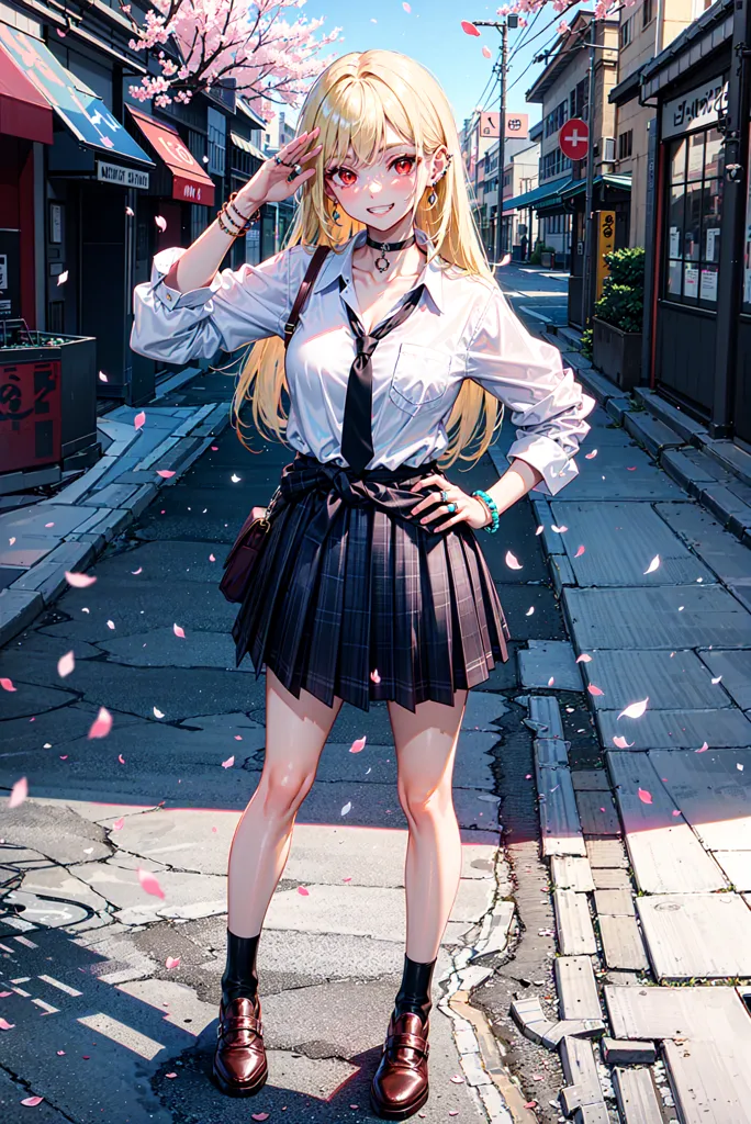 The image is of a young woman standing in a street. She has long blond hair and red eyes. She is wearing a white shirt, a gray tie, a black pleated skirt, and brown shoes. She has a black bag over her shoulder. The street is lined with buildings and there are cherry blossoms falling from the trees.