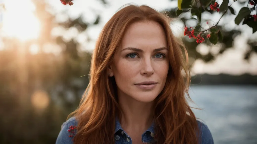 L'image est un portrait d'une belle femme aux longs cheveux roux ondulés et aux yeux bleus. Elle porte une chemise en jean bleu et se tient devant un arrière-plan flou d'un lac et d'arbres. Le soleil se couche et le ciel est d'une couleur orange dorée chaleureuse. La femme regarde l'objectif avec un sourire doux et serein sur son visage. Elle porte une boucle d'oreille en argent à son oreille gauche. Ses cheveux sont séparés au milieu et ses sourcils sont naturellement arqués. Elle a un léger bronzage et sa peau est parfaite. L'image est très réaliste et vivante.