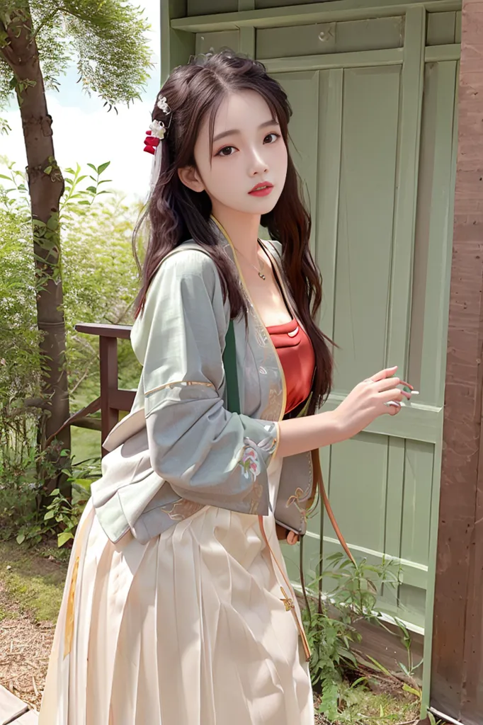 The image shows a young woman wearing a traditional Chinese outfit. She is standing in front of a green wooden door, with one hand on the door and the other holding a bag. The woman has long, dark hair and is wearing a red and white top, a long white skirt, and a green jacket with intricate embroidery. She is also wearing traditional Chinese hair accessories. The background of the image is a lush green garden with trees and plants.