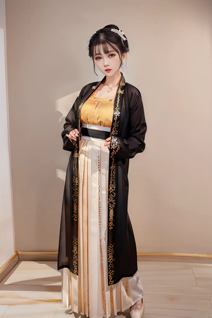 A imagem mostra uma jovem mulher vestindo um vestido tradicional chinês chamado Hanfu. O vestido é preto com detalhes em dourado e branco. A mulher tem cabelos longos e pretos e está usando uma flor branca no cabelo. Ela também está usando um colar e um cinto. O fundo da imagem é de uma cor marrom clara.