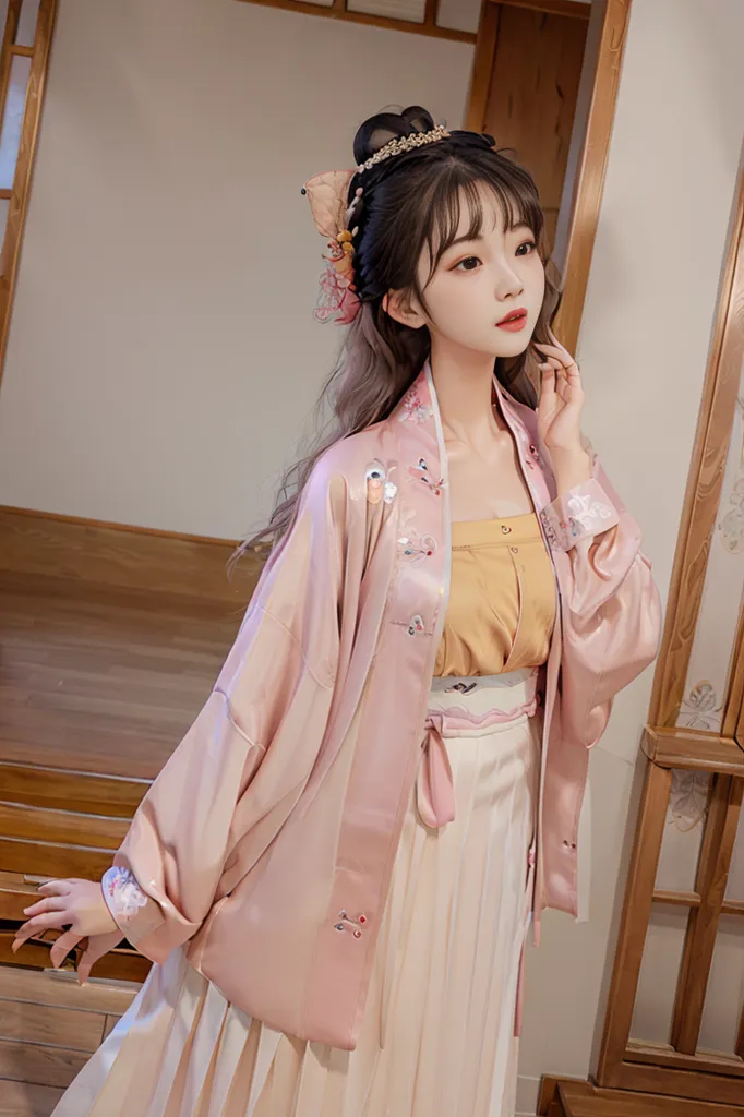 The image shows a young woman wearing a traditional Chinese outfit called a Hanfu. The outfit is pink and white and is decorated with intricate embroidery. The woman's hair is styled in a bun and she is wearing traditional Chinese makeup.