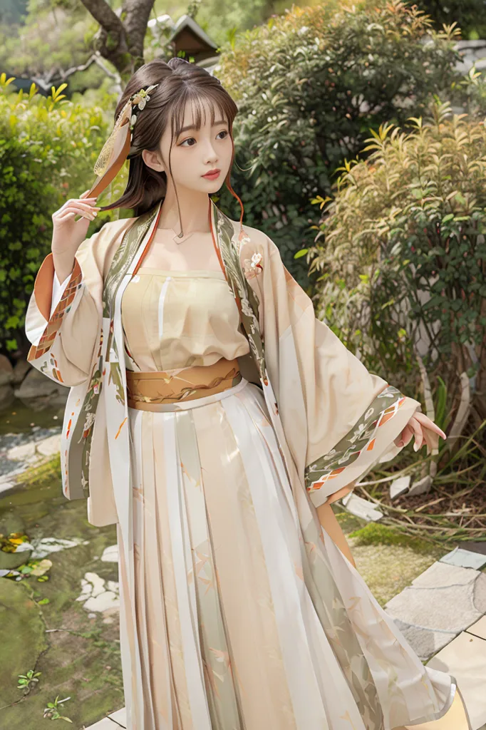 This is a picture of a young woman wearing a traditional Chinese dress called a hanfu. The hanfu is a long, flowing dress that is typically made of silk or cotton. It is usually worn with a sash around the waist and a jacket or coat. The woman in the picture is wearing a white hanfu with a floral pattern. She is also wearing a white sash and a brown jacket. The woman is standing in a garden, and there are trees and flowers in the background.