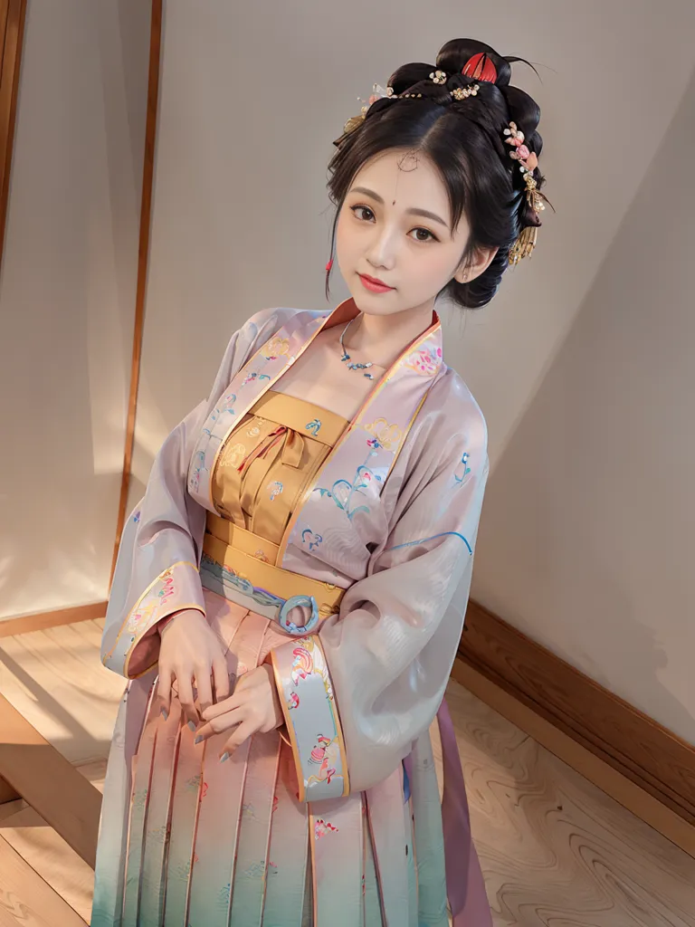 A imagem mostra uma jovem mulher vestindo um vestido tradicional chinês (Hanfu). O vestido é azul claro e branco e tem bordados florais intrincados. O cabelo da mulher está preso em um coque e ela está usando acessórios tradicionais chineses para o cabelo. Ela está em pé em uma sala com um piso de madeira e uma parede branca.