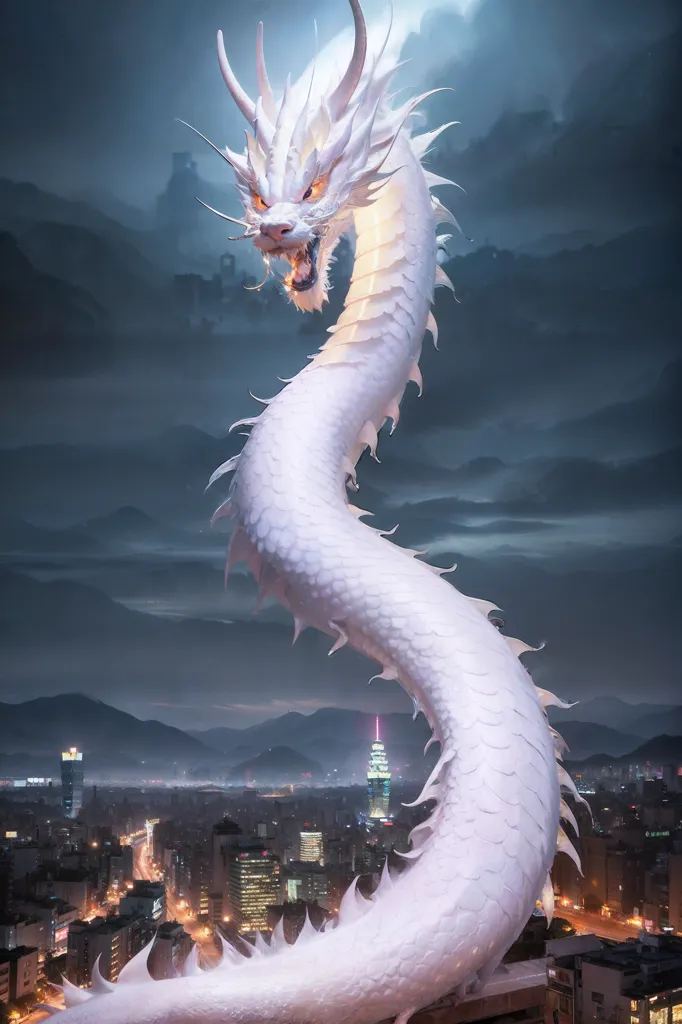 La imagen es una pintura digital de un dragón blanco. El dragón se representa como una criatura larga y serpentina con un cuerpo blanco y una melena larga y ondulante. Tiene un par de cuernos en la cabeza y un par de alas en la espalda. El dragón se muestra volando sobre una ciudad, con el edificio Taipei 101 al fondo. El dragón se representa como muy grande, con su cuerpo extendiéndose de un extremo a otro de la imagen. Los ojos del dragón brillan en amarillo y su boca está abierta en un rugido. El dragón está rodeado de nubes y el fondo es oscuro.