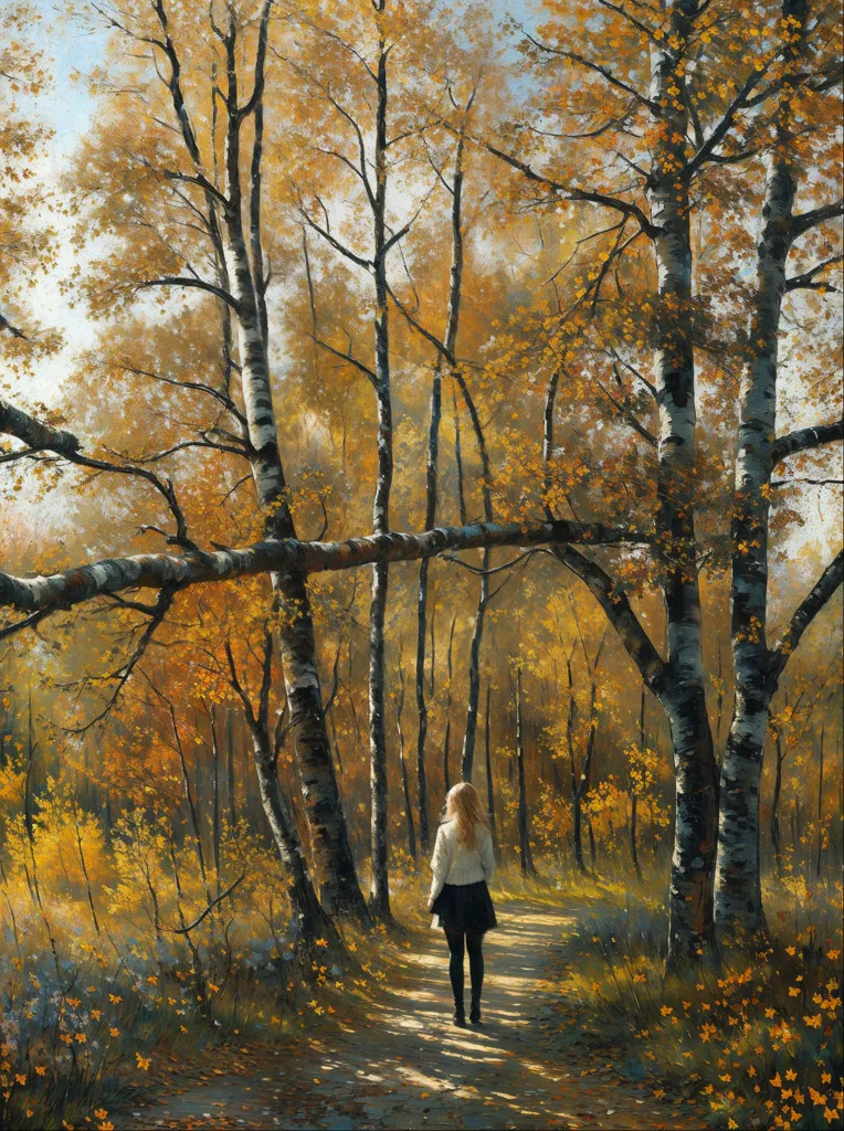 This is an image of a woman walking down a path in the woods. The trees are tall and bare, and the leaves are a golden yellow color. The woman is wearing a long black coat and a white scarf. Her hair is long and flowing. She is carrying a basket in her right hand. The path is winding and narrow, and it is covered in leaves. The woods are dense and dark, and the only light comes from the sun shining through the trees. The woman is alone, and she looks a little lost.