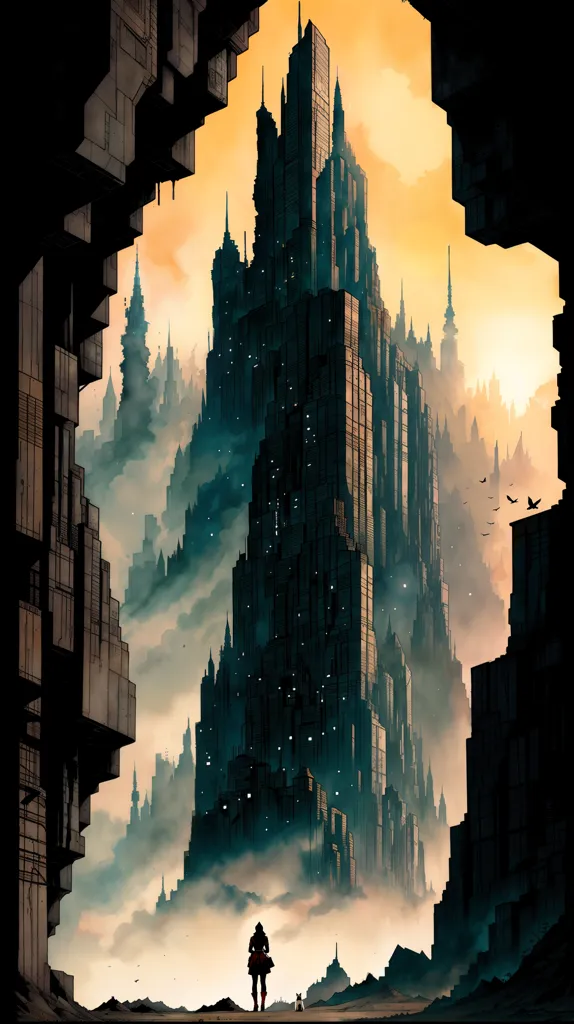 The image is a dark fantasy cityscape. There is a large tower in the center of the image, with many smaller buildings surrounding it. The buildings are all made of dark materials, and the sky is a dark, cloudy orange. There is a figure standing in the bottom left corner of the image, looking up at the tower. The image is full of mystery and intrigue, and it leaves the viewer wondering what will happen next.