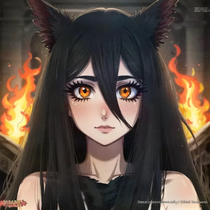 The image is a portrait of a young woman with long black hair, orange eyes, and wolf ears. She is wearing a black dress with a white collar. There is fire in the background.