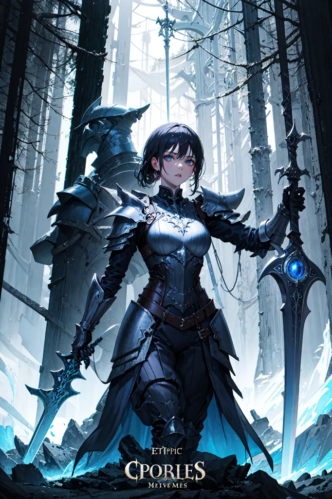 The image is a portrait of a young woman in a dark blue and silver armor. She has short black hair and blue eyes. She is holding two swords, one in each hand. The swords are both pointed upwards. She is standing in a forest. There are two large trees behind her. The trees are bare. The ground is covered in snow. The image is dark and moody.