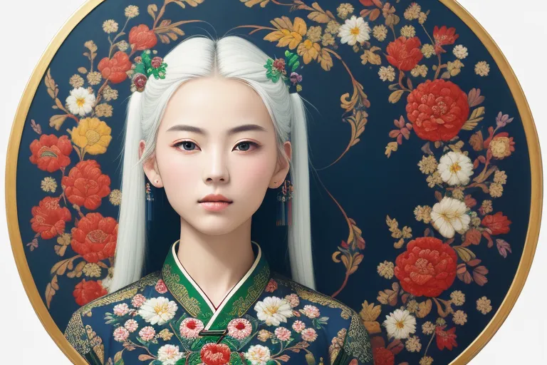 This image shows a young woman with long white hair. She is wearing a traditional Chinese dress with a floral pattern. The background of the image is a dark blue color with a floral pattern. The woman's hair is styled with two buns on top of her head and she is wearing traditional Chinese hair accessories. Her eyes are dark brown and her lips are a light pink color. She is looking at the viewer with a serious expression. The image is drawn in a realistic style and the colors are vibrant and bright.