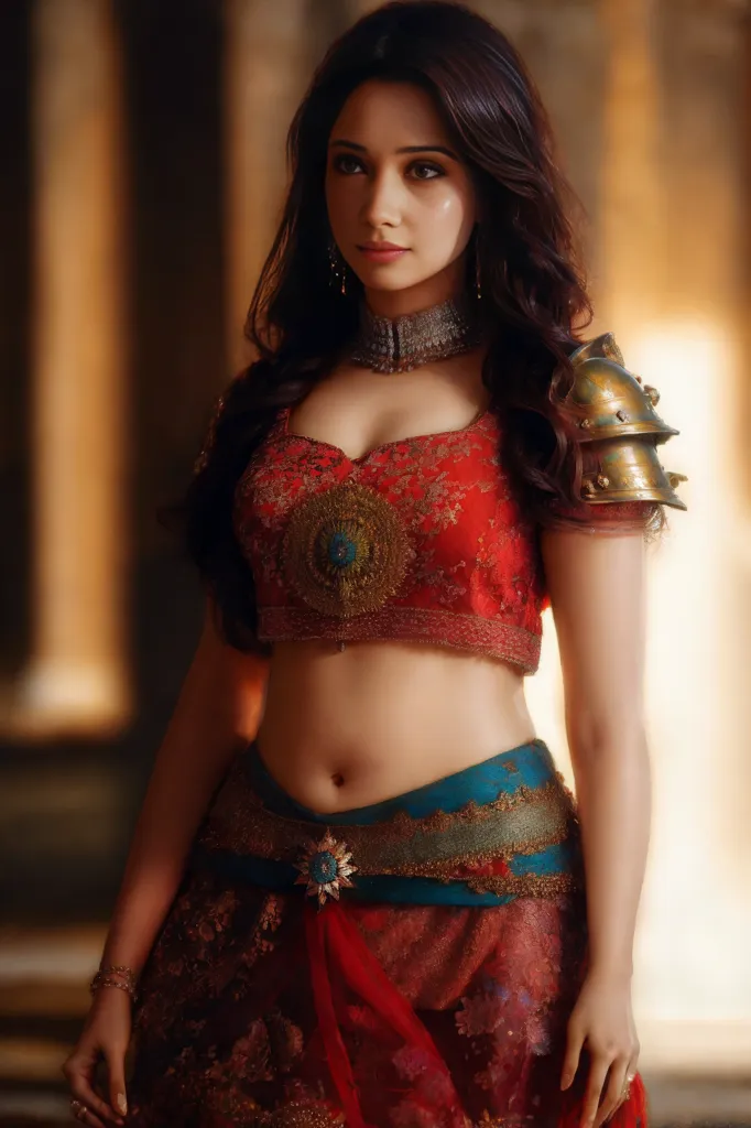 The picture shows a beautiful Indian woman. She has long, dark hair and brown eyes. She is wearing a red and gold colored outfit. The outfit is a crop top and a long skirt. The crop top is sleeveless and has a sweetheart neckline. The skirt is high-waisted and has a fitted silhouette. The woman is also wearing a kamarband, which is a traditional Indian belt. She is standing in a confident pose with one hand on her hip and the other holding the end of her dupatta, a long scarf worn with the outfit.