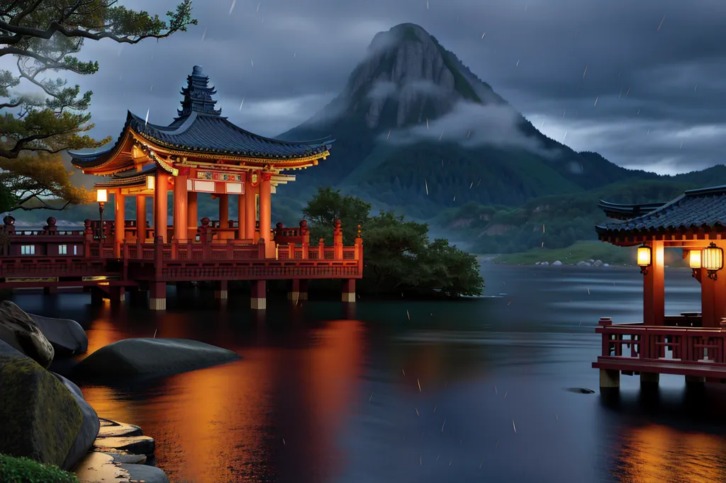 The image is a beautiful landscape of a lake and a mountain. The sky is dark and cloudy, and it is raining lightly. There is a pavilion on the edge of the lake. The pavilion is red and has a curved roof. There are two large rocks in the foreground of the image. The mountain in the background is partially obscured by clouds.