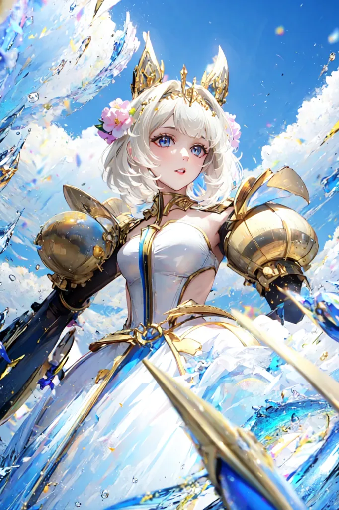 This is an image of a Valkyrie. She is a beautiful young woman with long white hair and blue eyes. She is wearing a white and gold dress with a breastplate and shoulder pads. She is also wearing a crown and has a pair of wings. She is standing in a field of flowers and is surrounded by a blue sky.