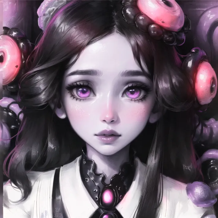 This image shows a young girl with long, dark purple hair. She has pale skin and purple eyes, and she is wearing a white dress with a purple sash. Her hair is styled in a way that resembles a crown, and she has a small, pink gem embedded in her forehead. She is surrounded by strange, pink and purple objects that resemble donuts or candy. The girl's expression is one of calm indifference.