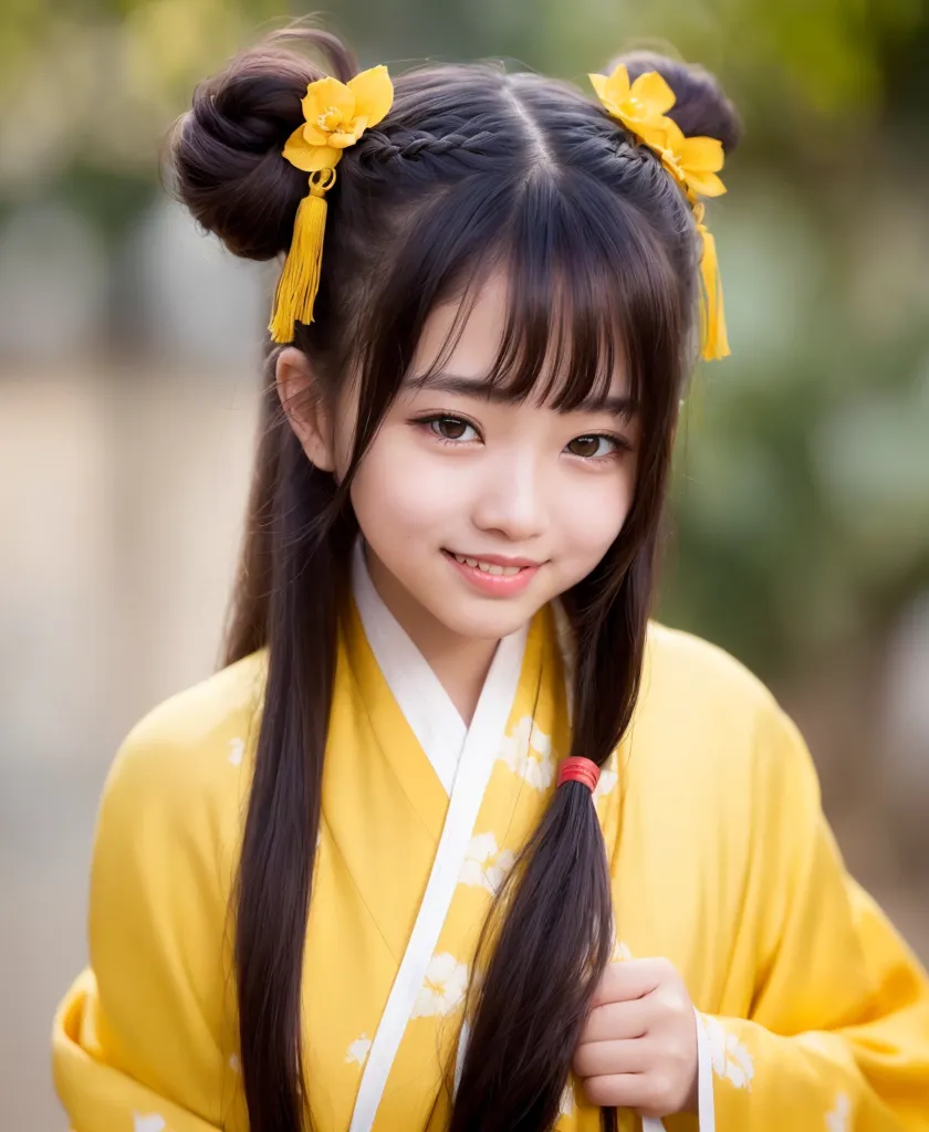 The picture shows a young girl in a yellow kimono with white floral designs. Her long black hair is styled in two buns on top of her head with yellow hair accessories. The rest of her hair flows loosely down her back. She has bangs that frame her face and big brown eyes. She is smiling and looks happy. The background is blurred and looks like a park.