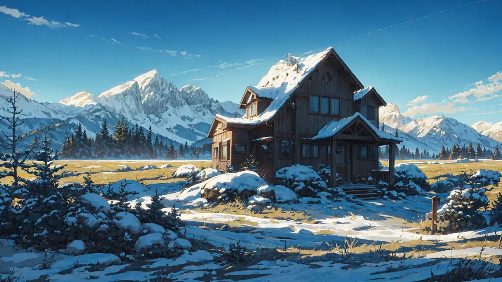 The image shows a house in the mountains. The house is made of wood and has a large porch. The roof is covered in snow. There are trees and bushes around the house. The mountains in the background are covered in snow. The sky is blue and there is a bright sun shining. The image is in a realistic style and the colors are vibrant.