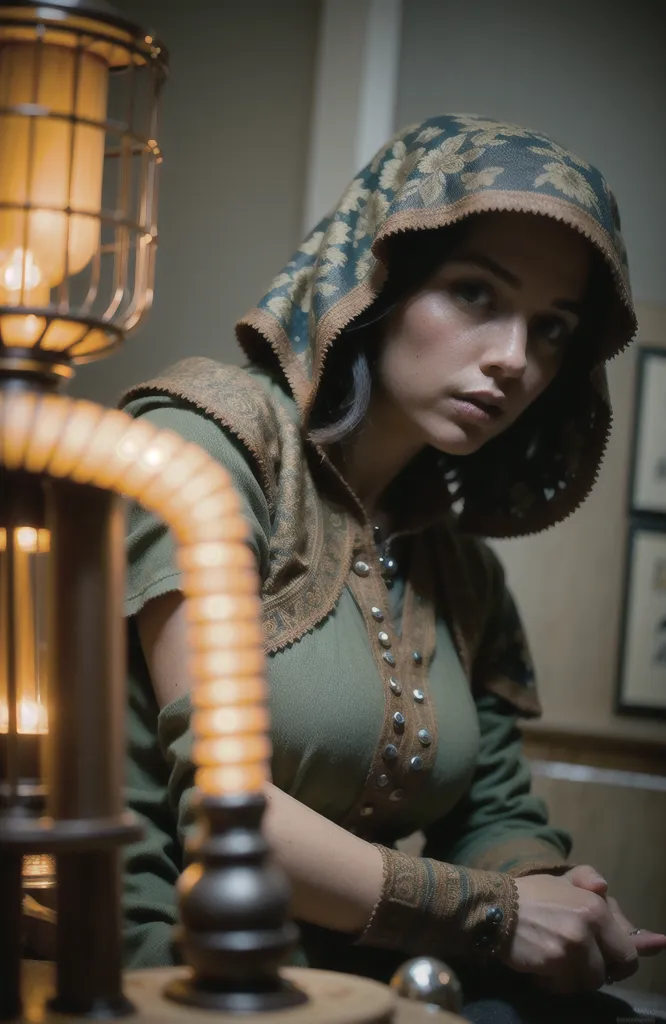 The image shows a young woman wearing a brown and green outfit with a hood. The outfit is reminiscent of a medieval or fantasy style, and the woman is standing in front of a large, steampunk-style lamp. The lamp is made of metal and has a large glass globe, and it is suspended from the ceiling by a chain. The woman is looking at the camera with a serious expression.