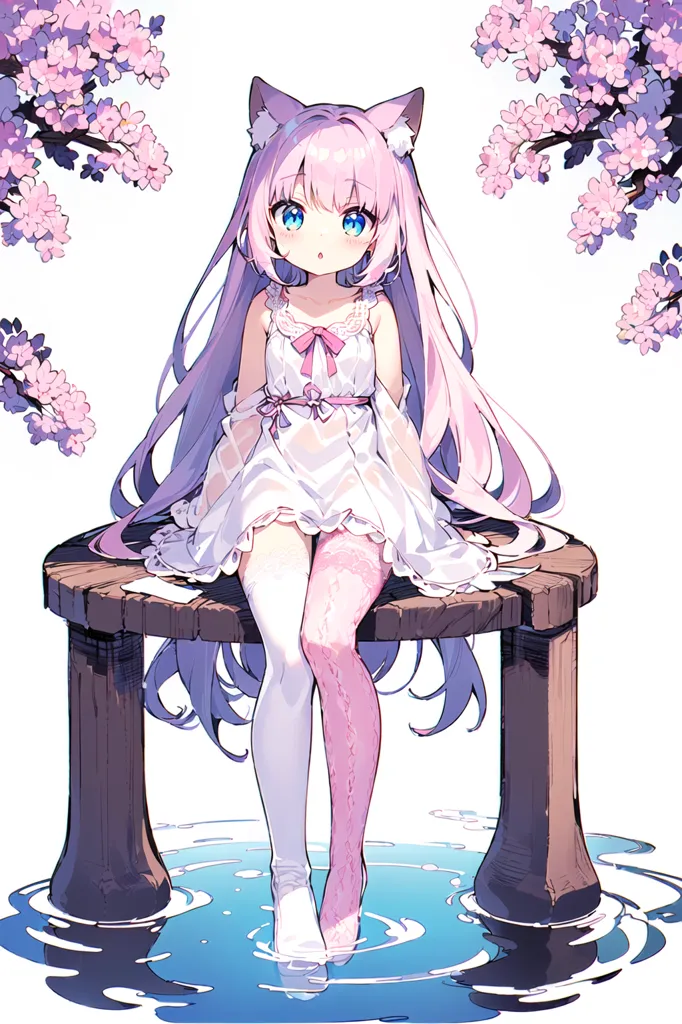 The image is of an anime-style girl with pink hair and blue eyes. She is wearing a white dress with a pink ribbon and has cat ears. She is sitting on a stone surrounded by pink flowers and has her feet in the water. The background is white with a few branches of pink flowers.