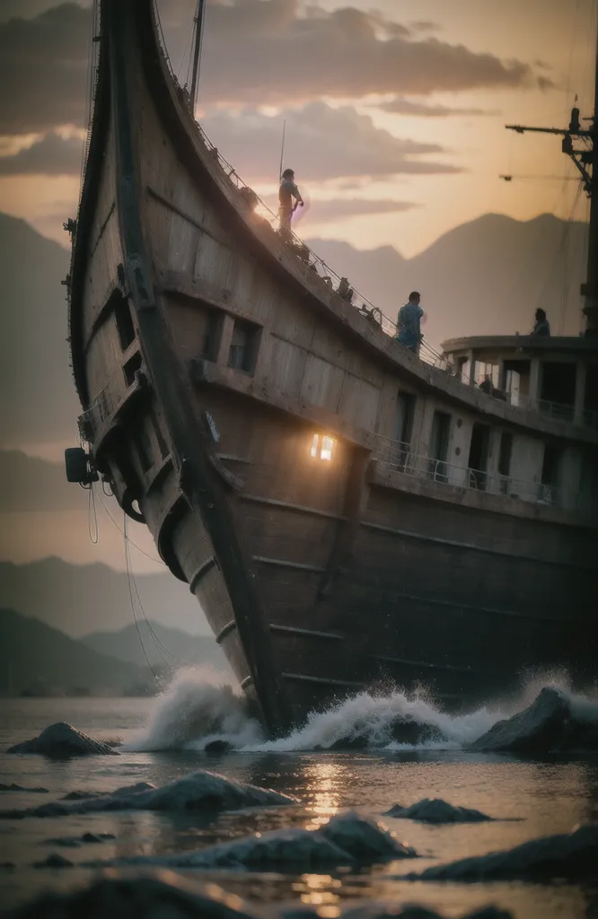 The image shows a large, wooden ship with a broken mast. The ship is being pushed by the waves towards a rocky shore. There are three people on the deck of the ship. The ship is listing to one side and looks like it is about to sink. The sky is dark and cloudy.