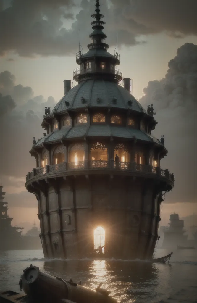 La imagen es una pintura digital de una torre grande y redonda que se eleva sobre el agua. La torre está hecha de metal y tiene una puerta grande en la parte inferior. Hay muchas ventanas en la torre y está rodeada por un mar oscuro y tormentoso. El cielo está oscuro y nublado, y hay grandes olas que se estrellan contra la torre. La torre está iluminada por una sola luz desde el interior.