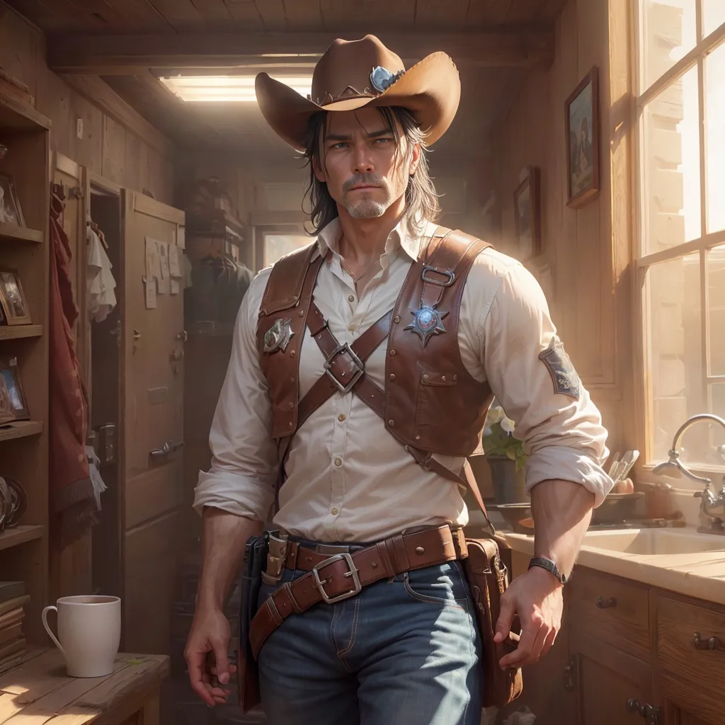 This image shows a man dressed in Western-style clothing. He is wearing a brown cowboy hat, a white shirt, a brown vest, and blue jeans. He also has a gun belt with two guns holstered on his hips. He is standing in a room that is furnished with a table, a sink, and some cabinets. There is a wanted poster on the wall. The man has his hands on his hips and is looking at the camera with a serious expression.