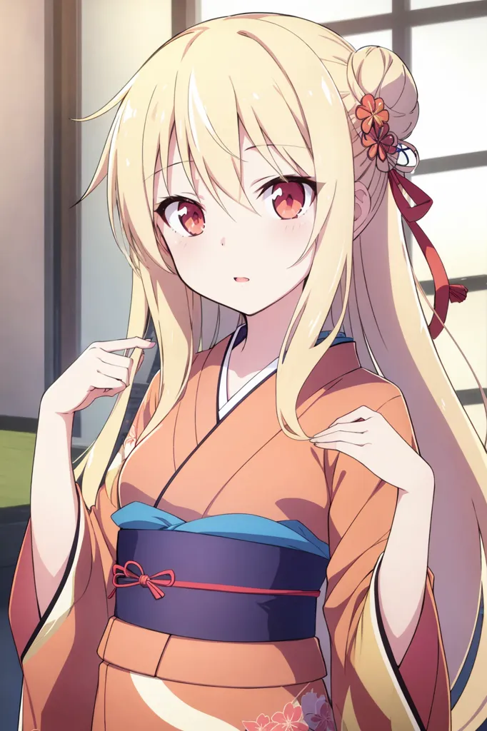 The image contains a young girl with long blonde hair and red eyes. She is wearing a traditional Japanese kimono with a floral pattern and a red obi sash. The girl is standing in a room with a shoji screen in the background. She has a shy expression on her face and is looking at the viewer with her head tilted slightly to the side.