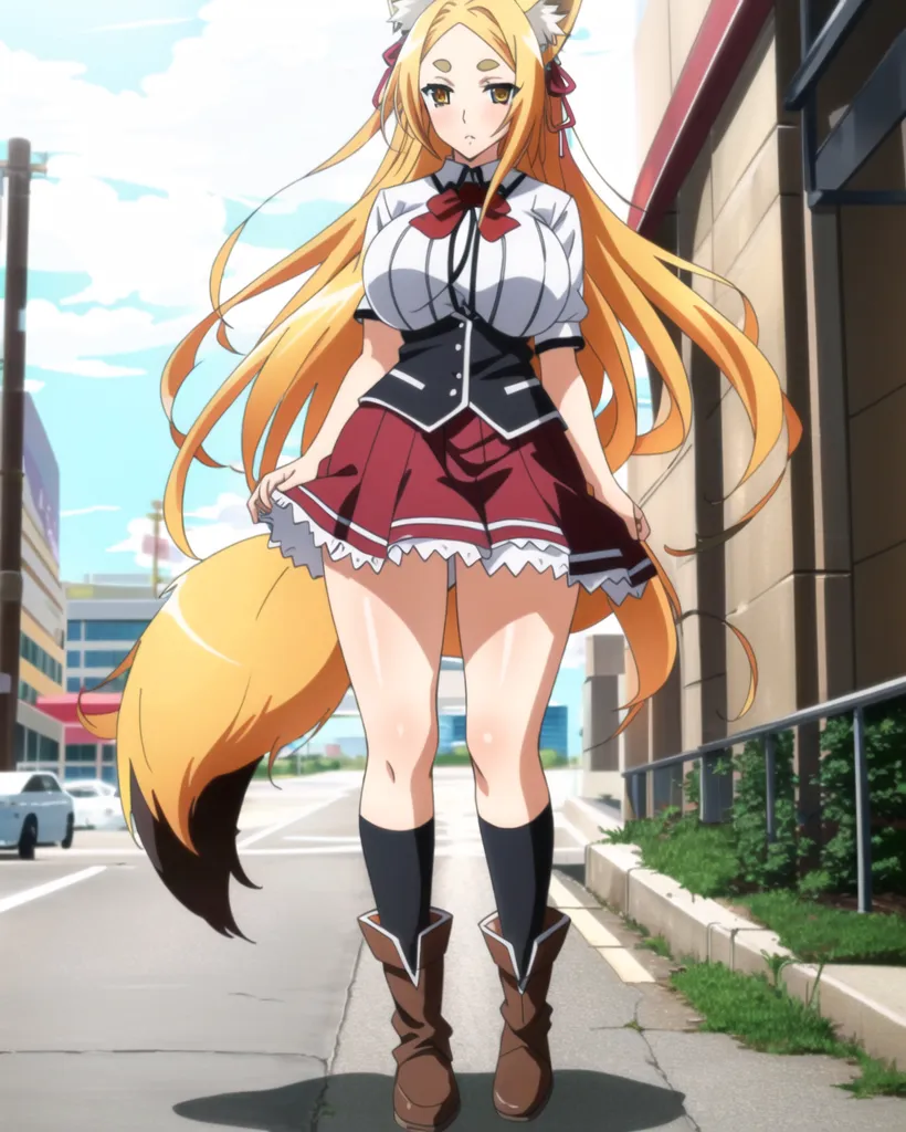 The image shows a young woman with long, flowing blonde hair and fox ears. She is wearing a white blouse, a red skirt, and brown boots. The woman is standing in a city street, and she is looking at the viewer with a sly expression on her face. She has a large chest and long legs. Her tail is wagging behind her.