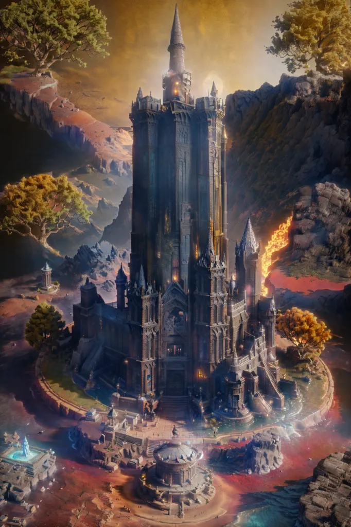 The image is of a tall, dark castle with a large tower in the center. The castle is surrounded by a moat of red liquid and is set in a mountainous landscape. There are two large trees on either side of the castle, and a number of smaller trees and shrubs can be seen in the background. The sky is a dark orange, and there are clouds in the distance.