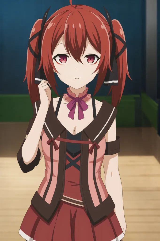 The image shows a young girl with red hair and eyes. She is wearing a white and red dress with a pink ribbon on her chest. She is also wearing a pair of black boots. She has a serious expression on her face and is looking at the viewer with her right hand on her chin. She has twintails and devil horns.