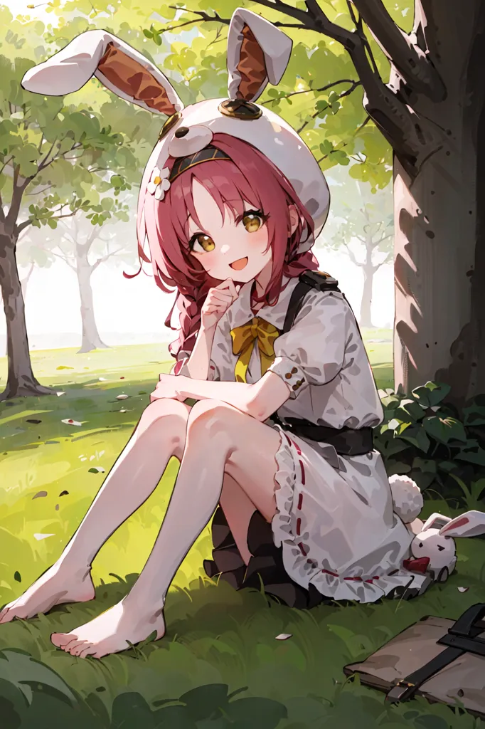 The image is an anime-style drawing of a girl with pink hair and yellow eyes. She is wearing a white and pink dress with a hood that has rabbit ears on it. She is sitting on the grass in a forest, and there is a small white rabbit sitting next to her. The girl has a happy expression on her face, and she is looking at the viewer.