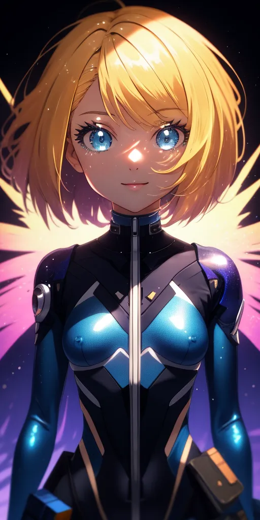 The image is a digital painting of a young woman with short blonde hair and blue eyes. She is wearing a skin-tight blue and black suit with a white collar. The suit has a zipper in the front and a few small white markings on the chest area. She has a small black bag hanging from her right side. The woman is standing in front of a dark blue background with a glowing white light in the center. She has a serious expression on her face.