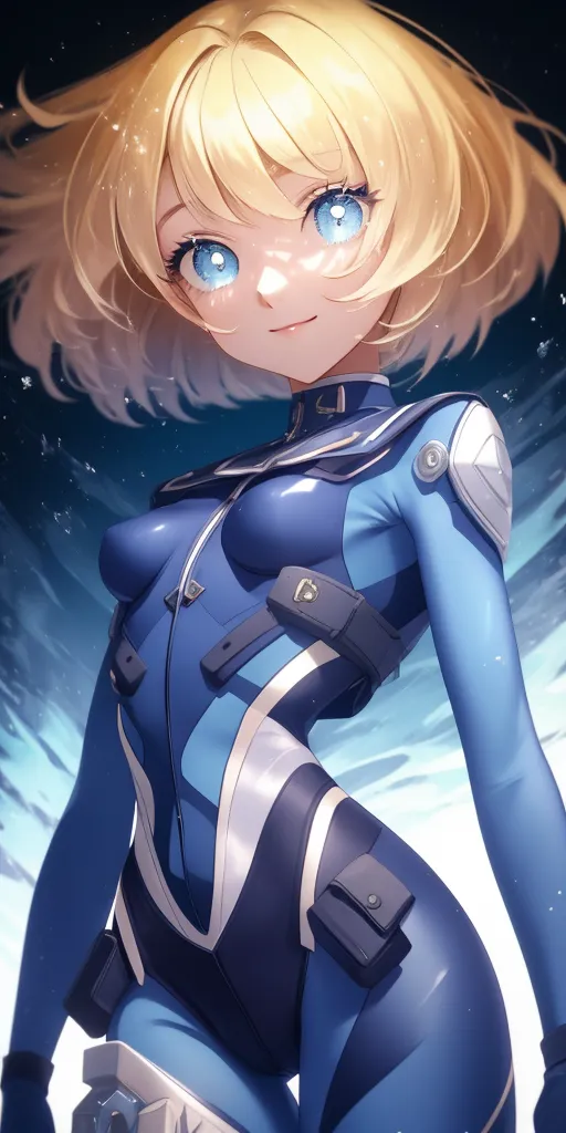 The image is a digital painting of a young woman with short blonde hair and blue eyes. She is wearing a blue and white bodysuit. The woman is standing in a confident pose, with her left hand on her hip and her right hand at her side. She has a small smile on her face. The background is a blur of light blue and white.