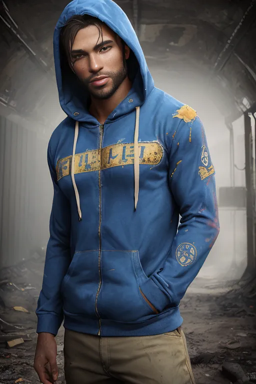 This is a post-apocalyptic themed image of a man wearing a blue zip-up hoodie with a white t-shirt underneath. The blue hoodie has white drawstrings and a large yellow logo on the chest area. The logo is a stylized word that says "BULLET". The man has dark hair and brown eyes. He is looking at the camera with a serious expression. He is also wearing khaki pants. He looks like he is in an urban area, possibly in a city. There are ruins in the background.