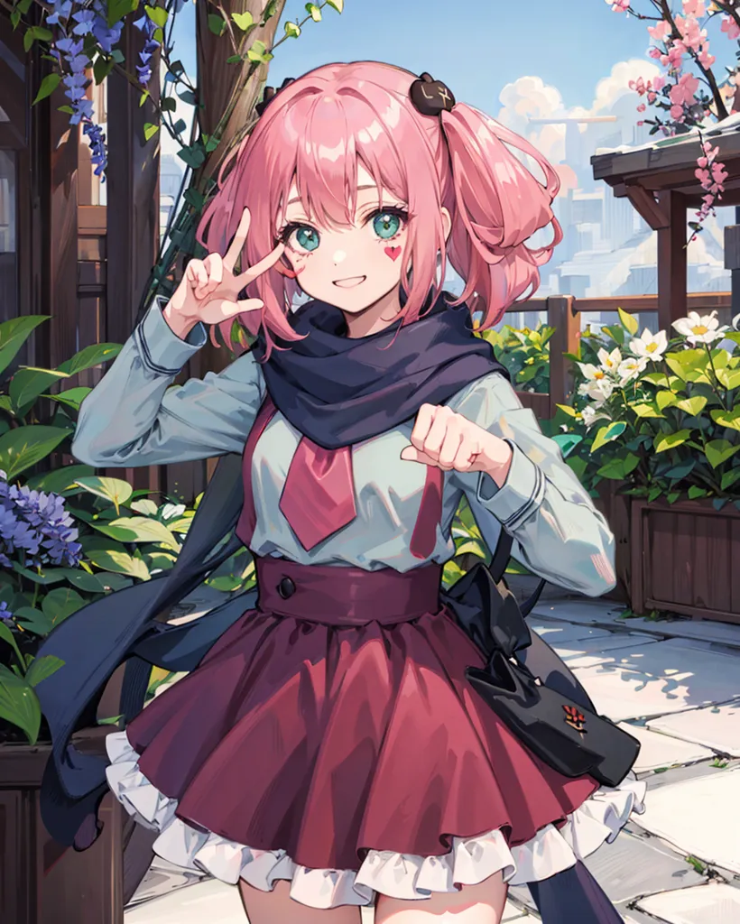 The image is of a young girl with pink hair and green eyes. She is wearing a white blouse, a pink skirt, and a blue scarf. She has a black cat hairpin in her hair and is making a peace sign with her right hand. She is standing in a garden with a fence to her right and flowers and plants in the background. The sky is blue with white clouds.