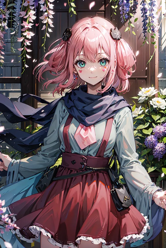 The image is of a young girl with pink hair and blue eyes. She is wearing a white blouse, a pink vest, and a red skirt. She has a blue scarf around her neck and a brown bag hanging from her shoulder. She is standing in a garden with flowers blooming all around her. The background is a blur of green leaves. The girl is smiling happily.