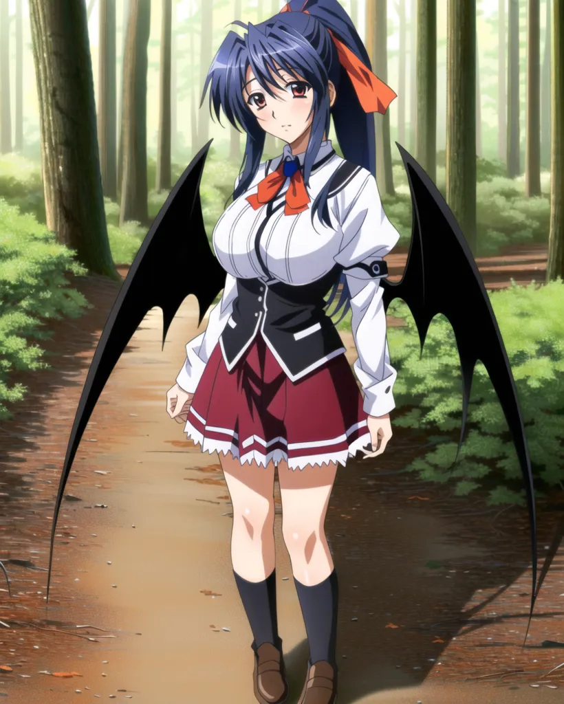 The image shows a young woman with long blue hair and black bat wings standing in a forest. She is wearing a white blouse, a black vest, and a red skirt. She has a red bow in her hair and is looking at the viewer with a serious expression.