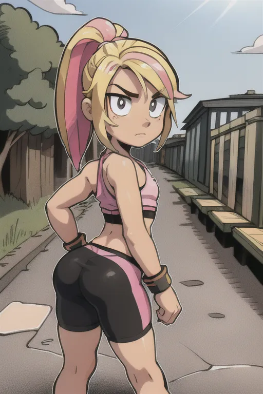 The image is of a young woman in a pink and black sports bra and shorts. She has her hair in a ponytail and is looking back over her shoulder at the viewer with a confident expression on her face. She is standing in an urban setting, with a fence and trees in the background. The image is drawn in a comic book style, with bold lines and bright colors.