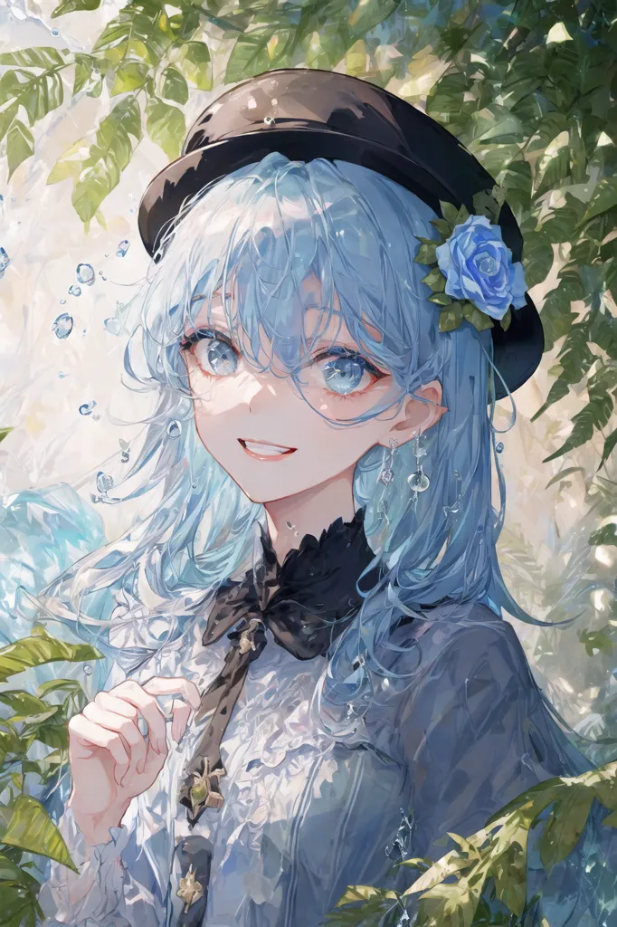 The image is a portrait of a young woman with long, light blue hair. She is wearing a black hat with a blue rose on the side. The woman is wearing a white dress with a black collar. She has a gentle smile on her face and her eyes are looking at the viewer. The background is a blur of green leaves.