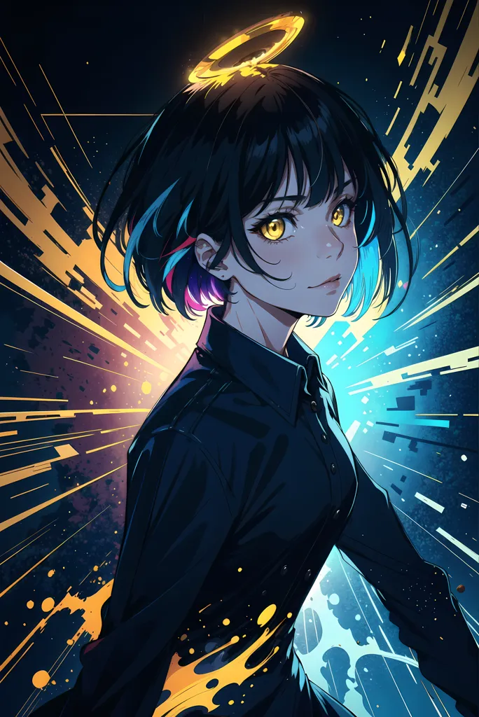 The image is of a young woman with short black hair and yellow eyes. She is wearing a black shirt and has a yellow halo above her head. She is standing in front of a dark background with colorful streaks of light. The image is in a cartoon style and the woman is drawn in a semi-realistic way.