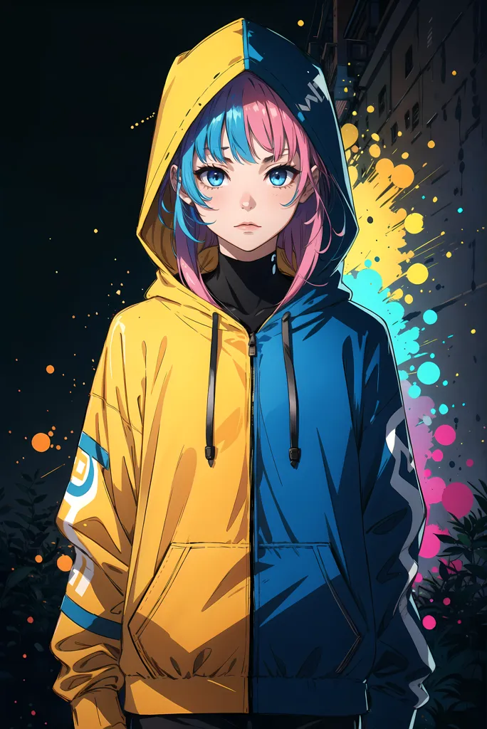 The image is a digital painting of a young woman with blue and pink hair. She is wearing a yellow and blue hoodie. The background is dark with colorful paint splatters. The woman is looking at the viewer with a serious expression.