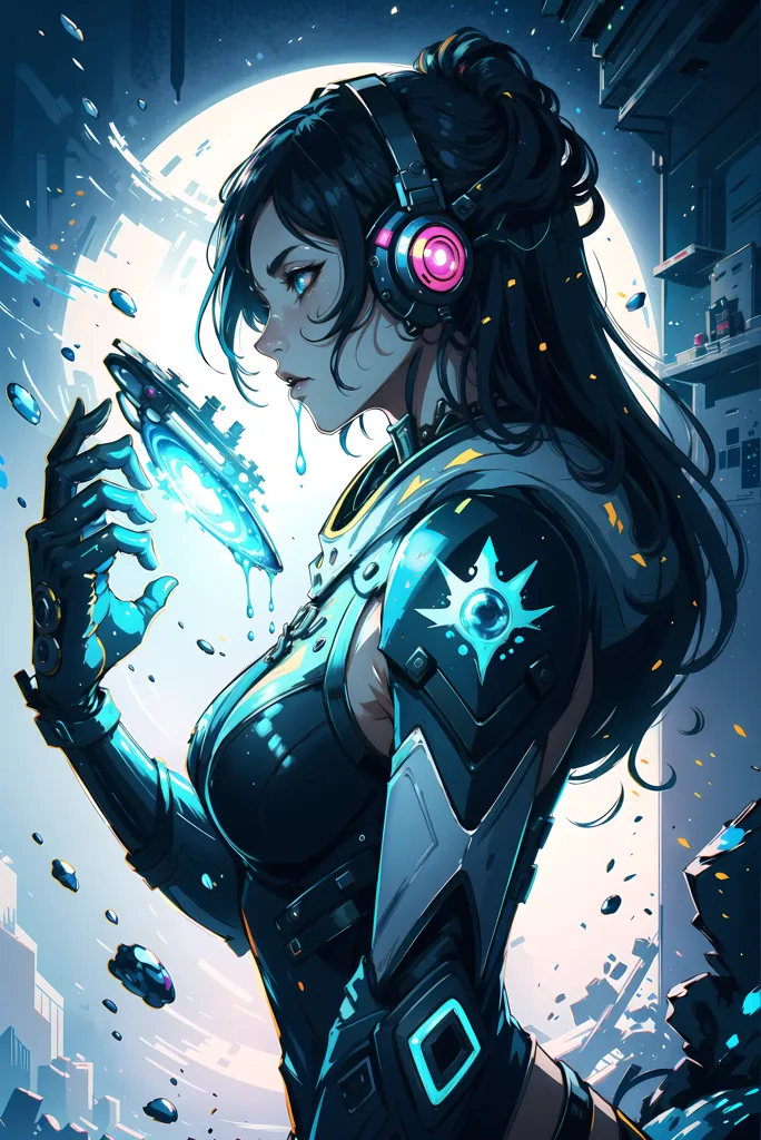 This is an illustration of a young woman with long black hair. She is wearing a black and blue bodysuit with a white star on her shoulder. She is also wearing headphones and there is a blue light on her headphones. She is holding a glowing blue orb in her right hand. There is a large moon in the background and a city in the foreground.