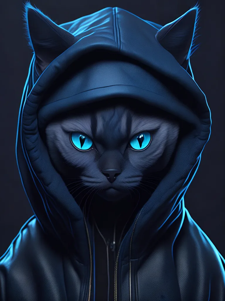 This is a digital painting of a cat wearing a black leather jacket with a hood. The cat has blue eyes and is looking at the viewer with a serious expression. The background is dark blue.