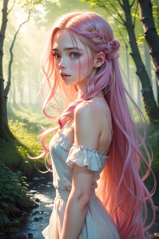 A imagem é uma pintura de uma bela mulher jovem com cabelos longos e rosa. Ela está usando um vestido branco e está em pé em uma floresta. O sol está brilhando através das árvores, criando um padrão malhado no chão. A mulher está olhando para o espectador com uma expressão serena em seu rosto.