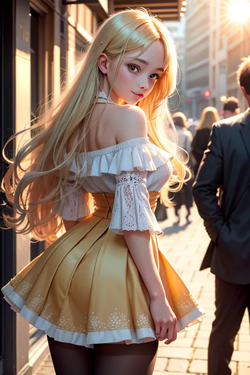 The image is a painting of a beautiful young woman with long, flowing blonde hair. She is wearing a white blouse with off-the-shoulder sleeves and a pleated yellow skirt. The woman is standing in a European-style street with blurred people walking in the background.