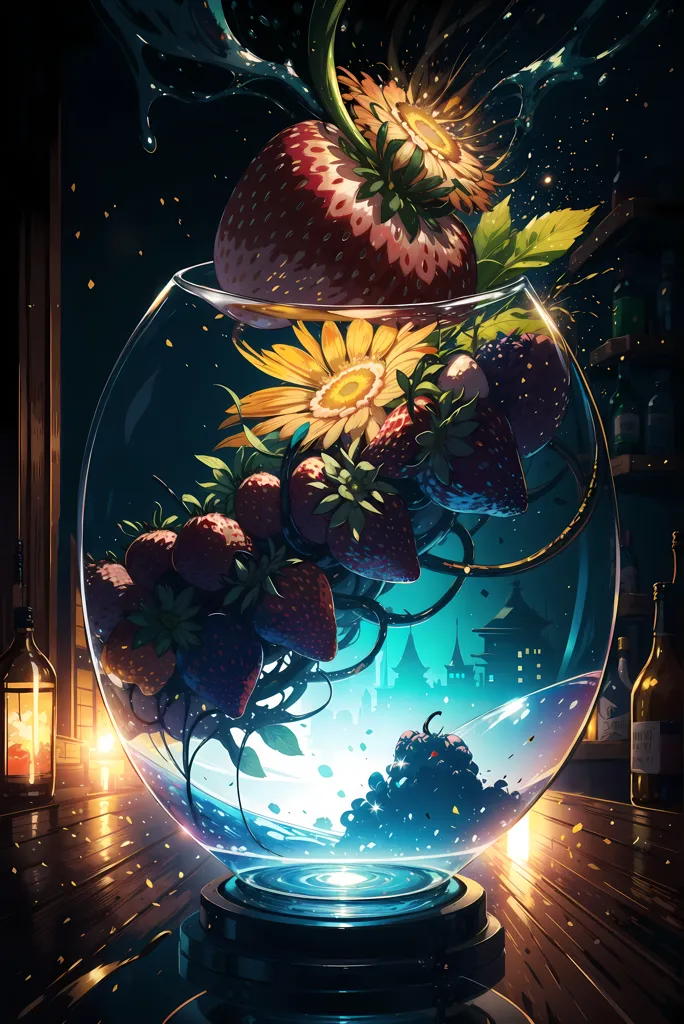 The image is a beautiful and surreal depiction of a glass vase filled with water. Inside the vase, there are several strawberries and sunflowers. The water is clear and reflects the light from the sunflowers. There is a dark blue background with a cityscape in the distance. The image is full of vibrant colors and has a dreamlike quality.