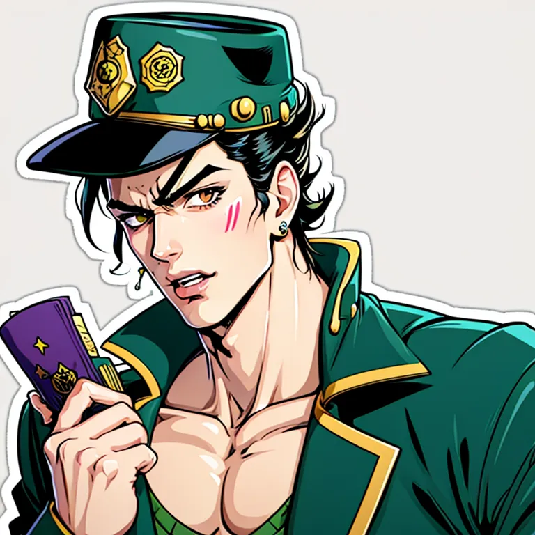 La imagen es un primer plano de un personaje masculino con cabello castaño y ojos verdes. Lleva un sombrero verde con un escudo dorado y un uniforme militar de color verde oscuro con botones dorados. Tiene una expresión seria en su rostro y mira hacia la derecha. Sostiene un libro morado en su mano izquierda.