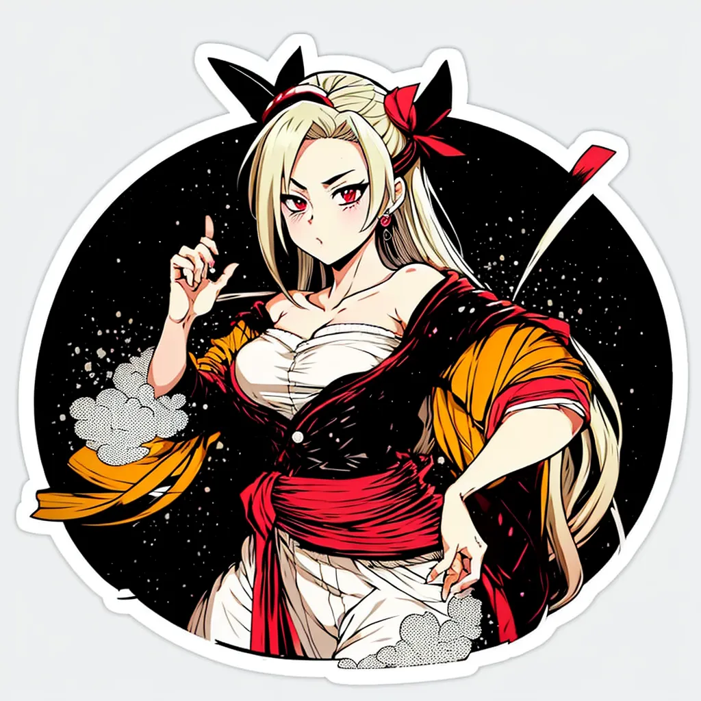 The image is a sticker of a female character with long blonde hair and red eyes. She is wearing a black and red kimono with a white obi and has a red ribbon in her hair. She is also wearing a pair of white gloves and has a sword on her left hip. The background is a starry night sky and there are clouds around her.