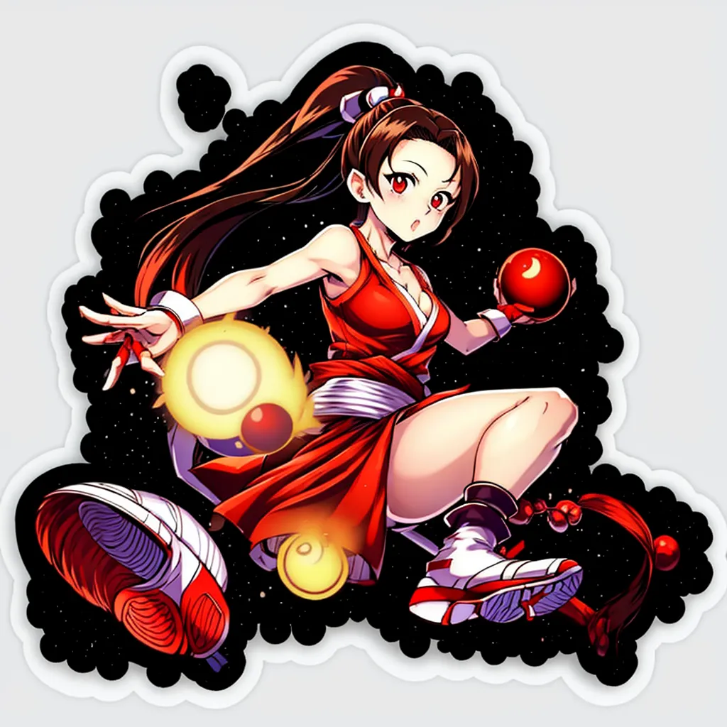 The image is of a young woman in a red and white outfit. She has long brown hair and red eyes. She is in a fighting stance, with one leg in the air and her arms outstretched. She is surrounded by several energy balls. The background is black with a few stars.