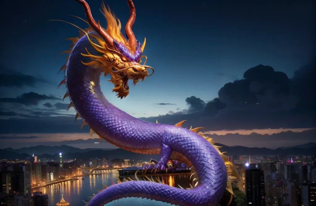 L'image est un rendu 3D d'un dragon violet et doré. Le dragon se tient sur un bâtiment dans une ville. La ville est en arrière-plan et est floue. Le dragon est le sujet principal de l'image. Il a la bouche ouverte et regarde le spectateur. Le dragon est recouvert d'écailles et a de longs cheveux ondulants. Le dragon est également très musculaire et a un corps long et serpentin. L'image est très détaillée et réaliste.