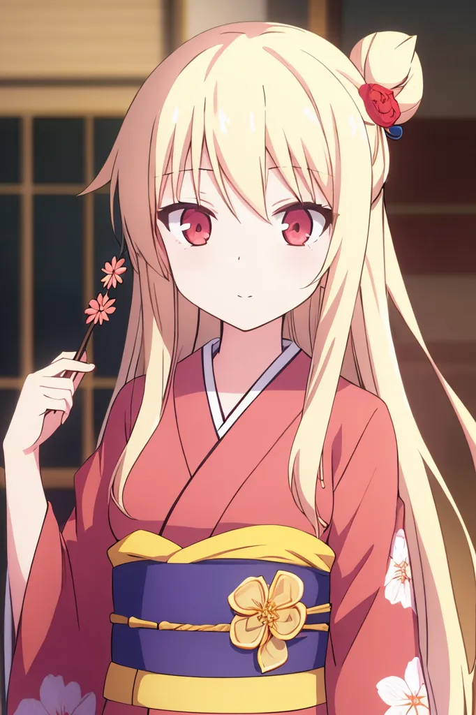 The image contains a young girl with long blonde hair and red eyes. She is wearing a pink kimono with a yellow and purple sash. The girl is holding a pink flower in her right hand. She has a small red flower in her hair. The background is a blurred image of a traditional Japanese house.